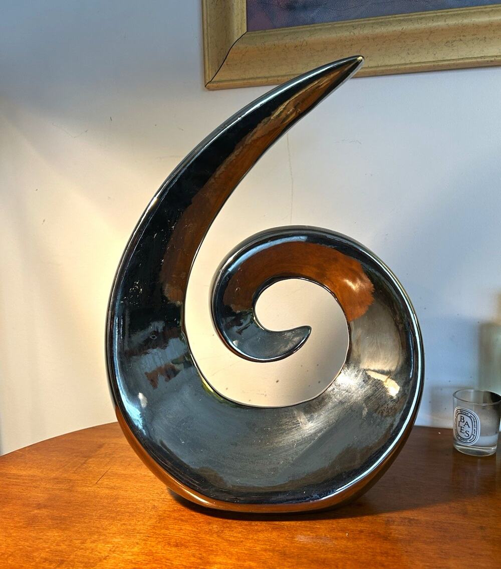 Modern Abstract Spiral Ceramic Sculpture, Glossy Silver, Decor 13.5x9”